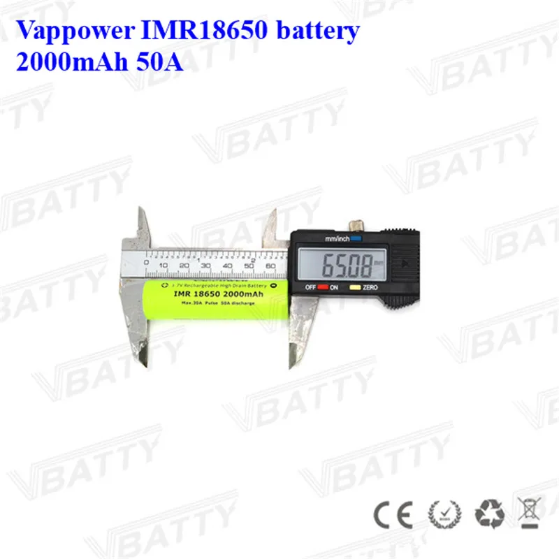 2000mAh 3,7 V Li-Ion Vappower IMR18650 Перезаряжаемый 18650 2000mAh 50A мощный аккумулятор для фонарика камеры