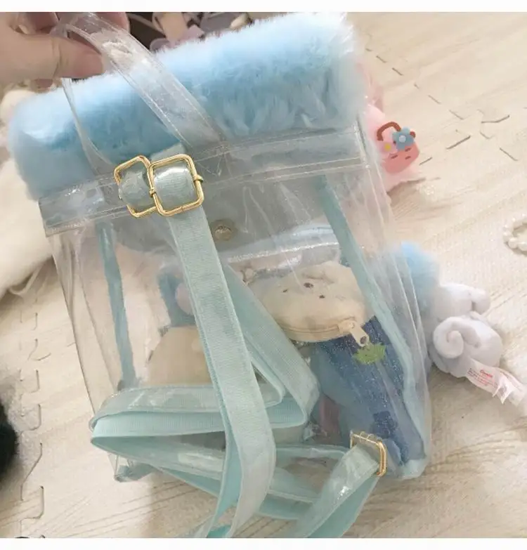 Япония Харадзюку девушки Kawaii Bling Прозрачный школьный рюкзак пушистый Itabag прозрачный рюкзак плюшевый мяч подарок