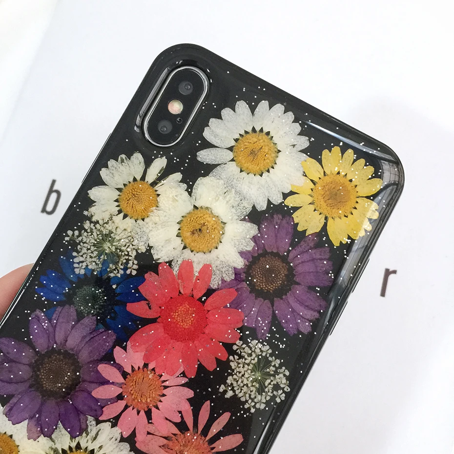 DIY блестящие ручной работы настоящие сухие цветы Чехлы для iPhone 6 6s 7 8 plus X XS XR Max