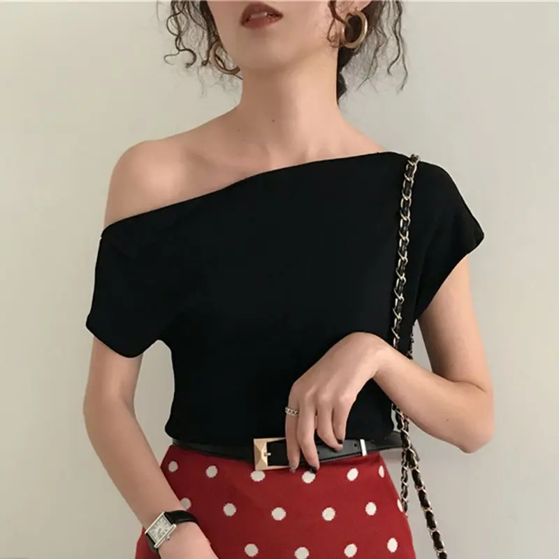 2019 корейский стиль белый вязаный Топ женская футболка летняя черная сексуальная