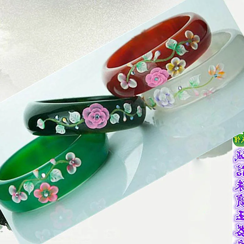 58-63 mm Genuine Natural Red Agate Woman Bangle with Flower Wide Retro Bracelet | Bangles