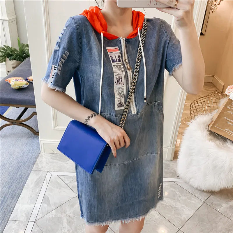 picture color Limiguyue/XL-5XL, большие размеры, женское джинсовое платье на молнии, с капюшоном, летнее свободное повседневное мини-платье с бахромой и коротким рукавом, винтажное Y167 - Цвет: picture color