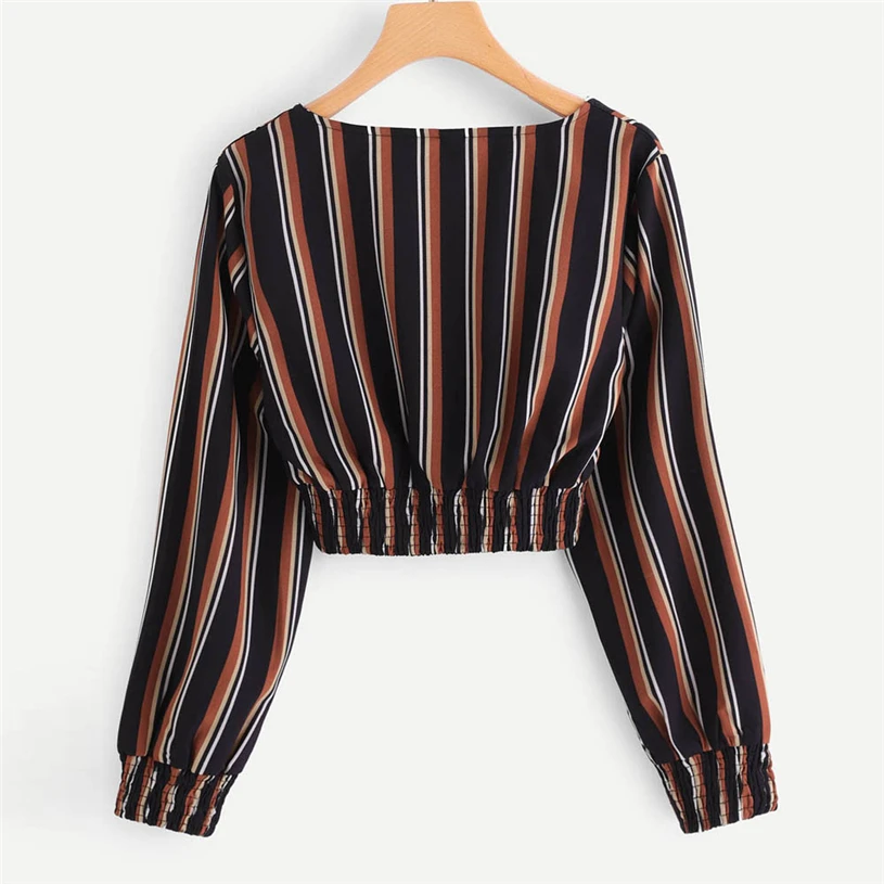 Женская Осенняя мода с v образным вырезом vetement poleras de mujer moda Топы в полоску