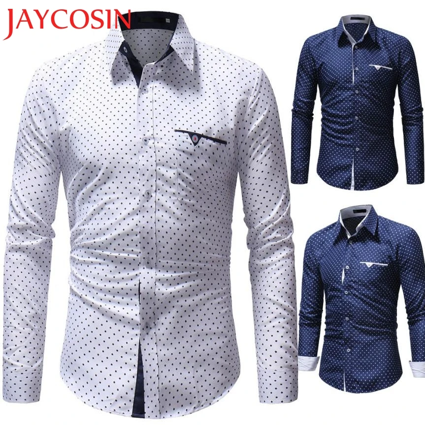 JAYCOSIN 2018 Мужская Осенняя Повседневная Формальная приталенная рубашка в горошек с