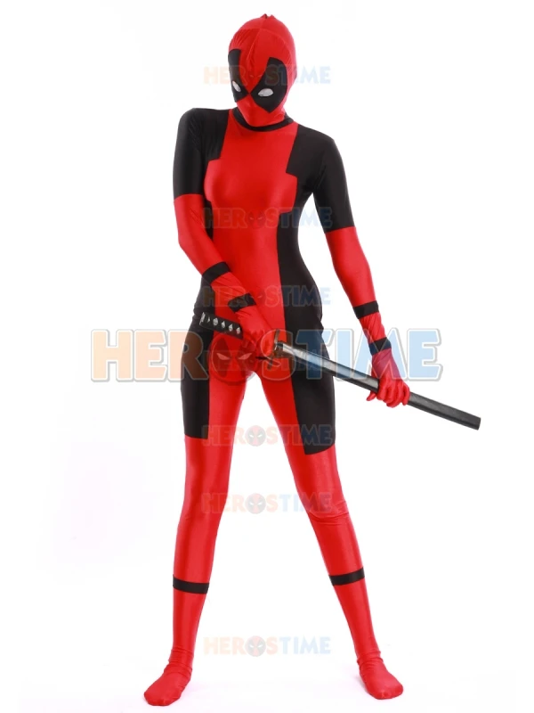 Для дам костюм с принтом Deadpool красный и черный спандекс Хэллоуин женский