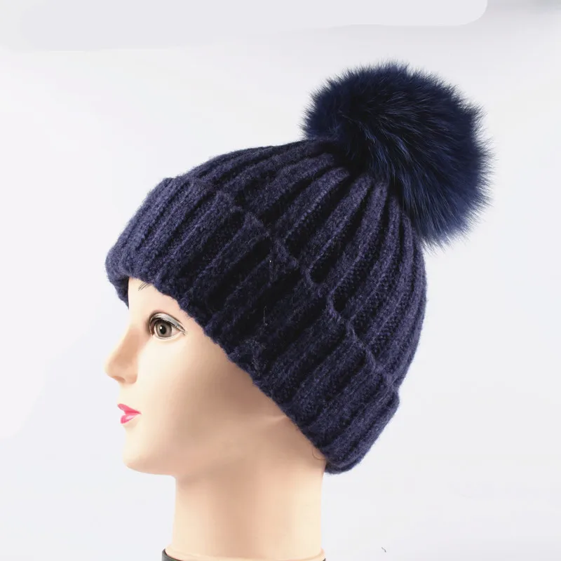 Женская вязаная шапка с помпоном из меха норки и лисьего зимняя | Аксессуары для