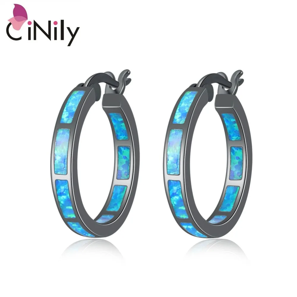 CiNily Created Blue Fire Opal Black Gold Color Wholesale Hot Sell for Women Fashion Jewelry Hoop Earrings 1 1/8&quot OH3726 | Украшения и