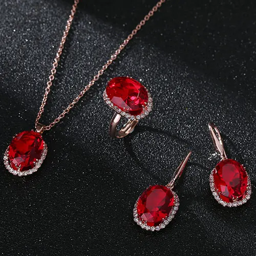 Red parure bijoux femme, Модные Ювелирные наборы, кубический циркон, массивное ожерелье и серьги, кольца, свадебные ювелирные изделия для женщин, подарок - Окраска металла: Red