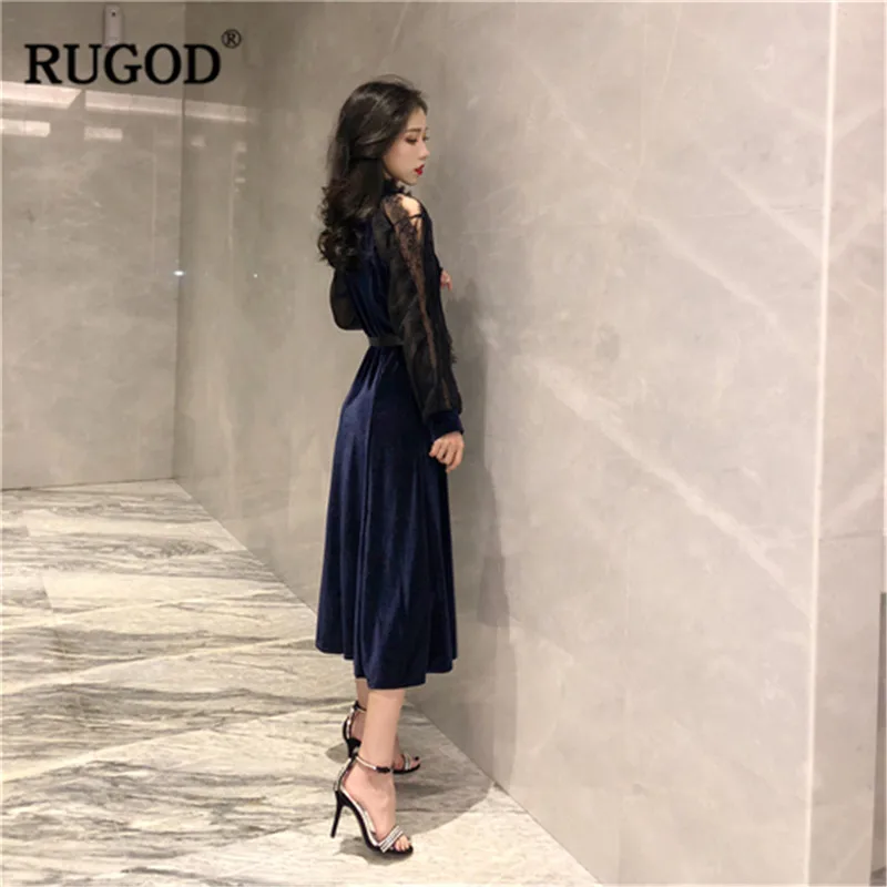 RUGOD модное однотонное женское платье кружевное повседневное весеннее с длинным