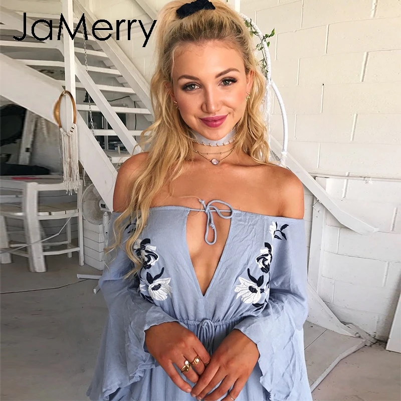 JaMerry Boho Сексуальная с плеча вышивка комбинезон Женщины Flare рукавом рюшами