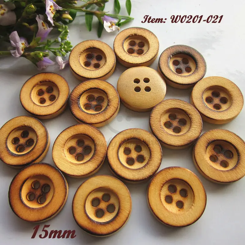 

144pcs 4 holes 15mm natural boxwood Charcoal broadside wooden buttons natural sewing materials wholesale