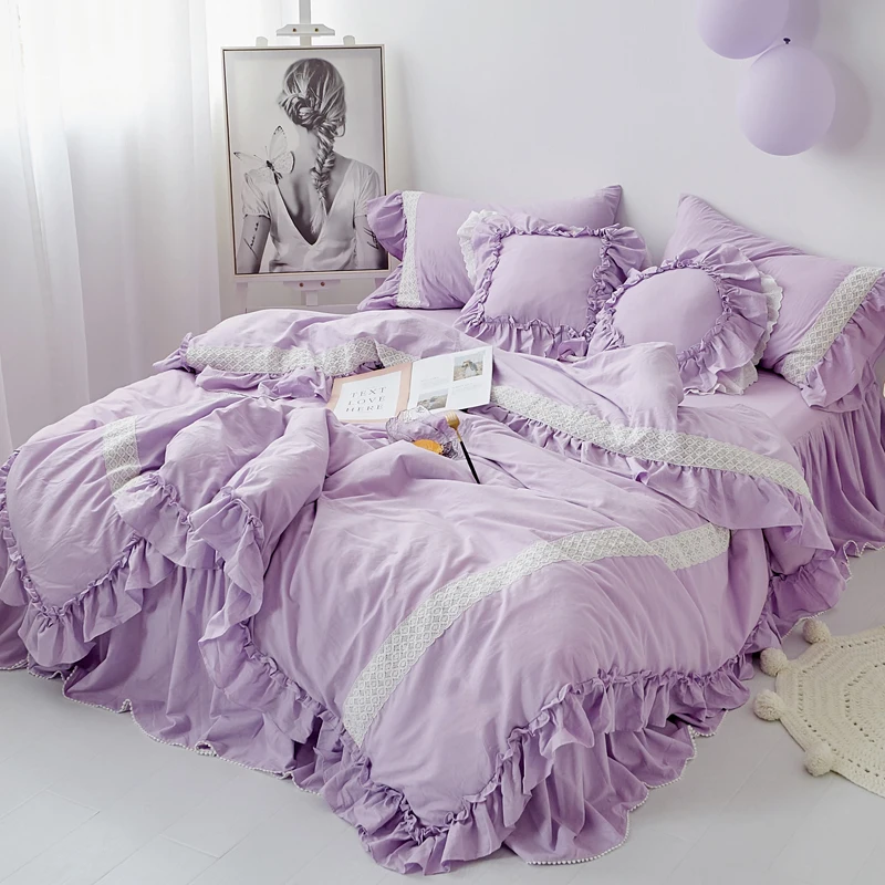 

New Princess style pink green bed skirt duvet cover set Washed Cotton bedding sets twin queen king size girls kids bedding sets