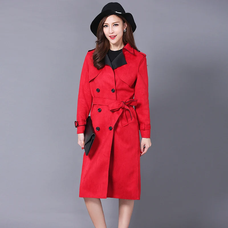 Двубортный Новый женский замшевый длинный Тренч кардиган на весну и осень тонкое