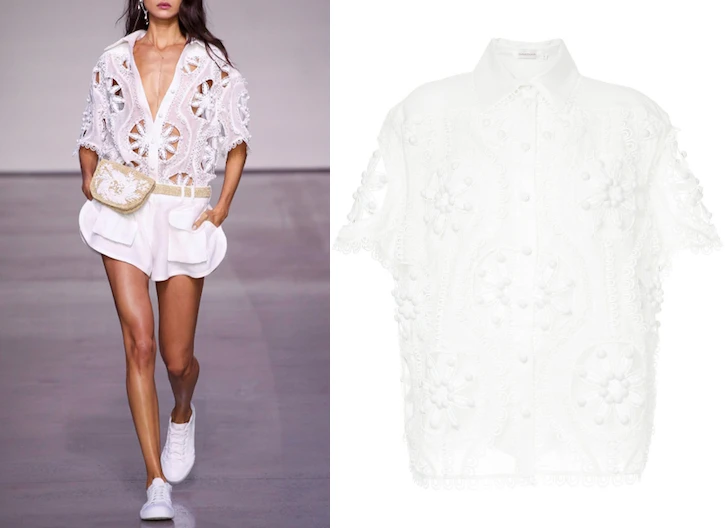 Women Golden Doily Blouse White Linen-silk Blend Oversized Hand Crafted Rouleau Trim Shirt |