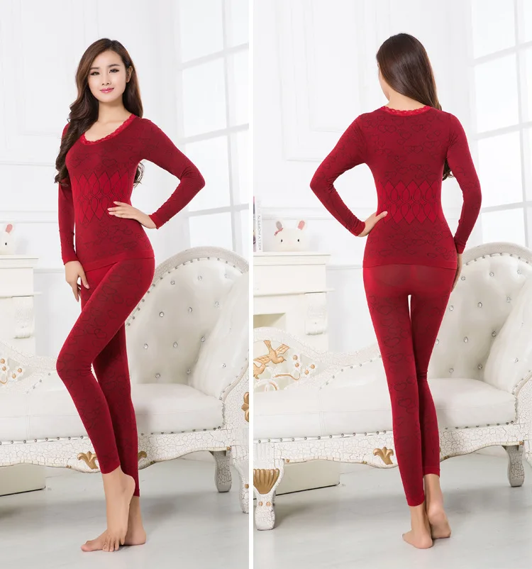 Женское термобелье, обтягивающее, с узором в виде сердца, кружевное, с круглым вырезом, для живота, женские комплекты, тонкие, удобные, тонкие, простые, одноцветные, приталенные, элегантные