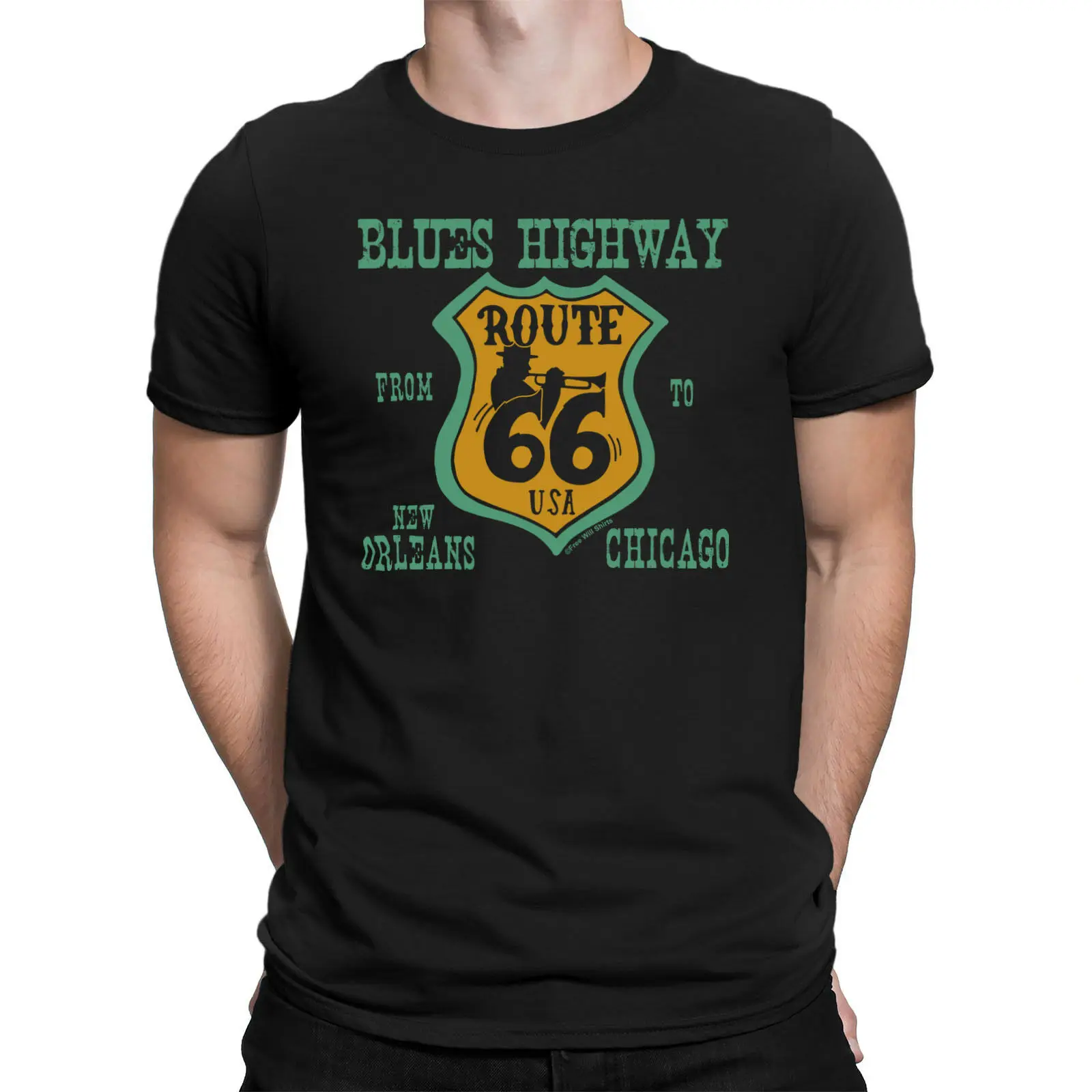 BLUES HIGHWAY Мужская футболка Route 66 знак музыка труба гитара Новинка|Мужские футболки|