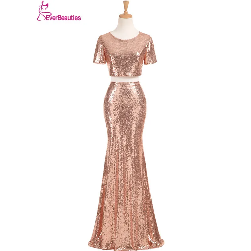 

Two Pieces Mermaid Bridesmaid Dresses Long 2020 Sequins With Short Sleeves Wedding Party Dresses Robe Demoiselle D'honneur