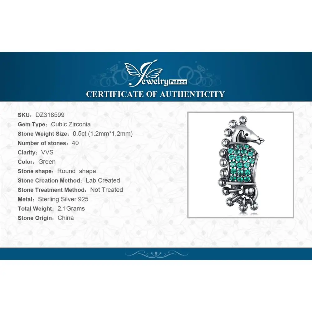 JewelryPalace 925 пробы серебро зеленым фианитом морской конек Шарм бисер Fit Браслеты Новая горячая Распродажа для Для женщин