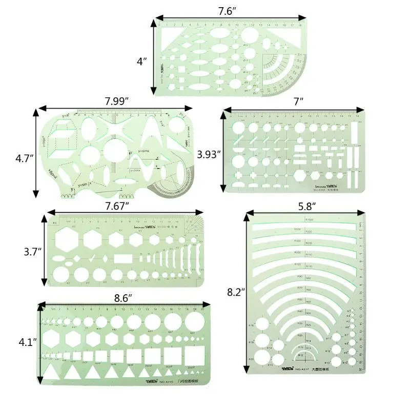 

6Pcs Drawing Templates Measuring Plastic Geometric Jewelry Design Rulers Green