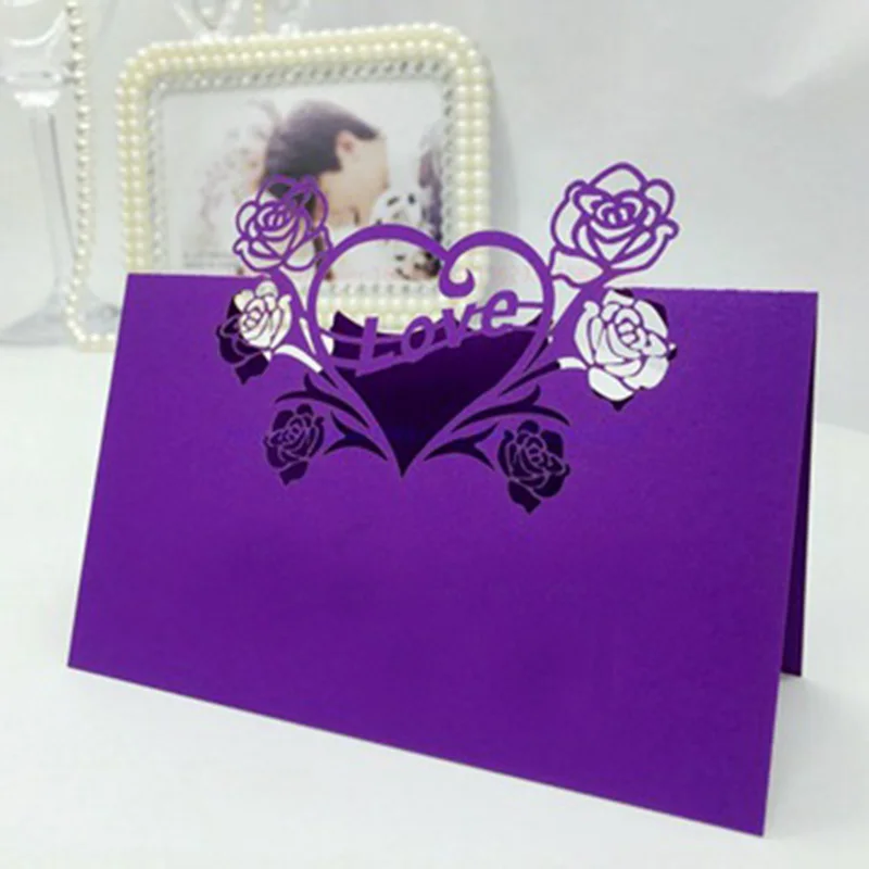 Purple 50 шт./лот лазерная резка, настольный визитные карточки, визитные карточки, имена гостей, открытки, свадебные украшения, свадебные сувениры, вечерние принадлежности - Цвет: Purple