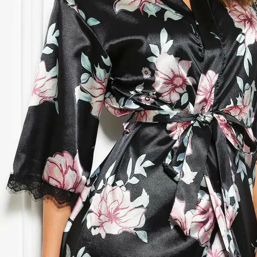 

Elegant Ladies Nightdress Silk Satin Lace Half Sleeve Lingerie Floral Bathrobe Pajama Kimono Sleepwear Long Night Robe For Women