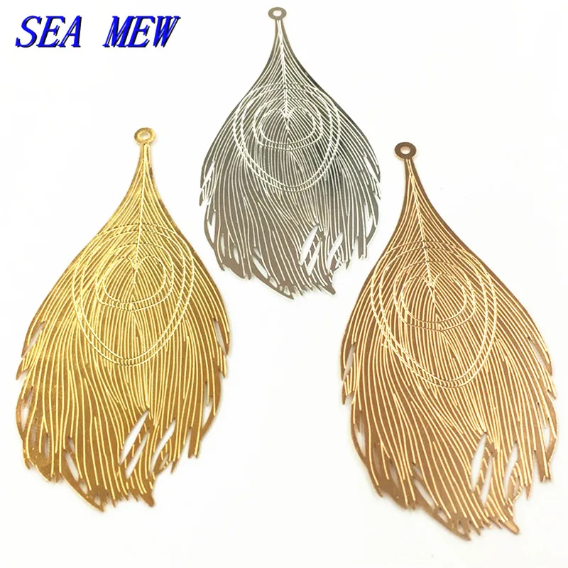 SEA MEW 83*38 мм Модные металлические серебристые золотые филигранные Перья павлина кулон медный лист Шарм для изготовления ювелирных изделий 10 шт