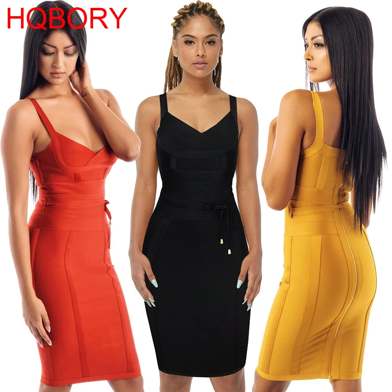 Жёлтое весеннее Новое Спагетти ремень Bodycon платье-повязка до колена Клубная одежда Платья для вечеринок