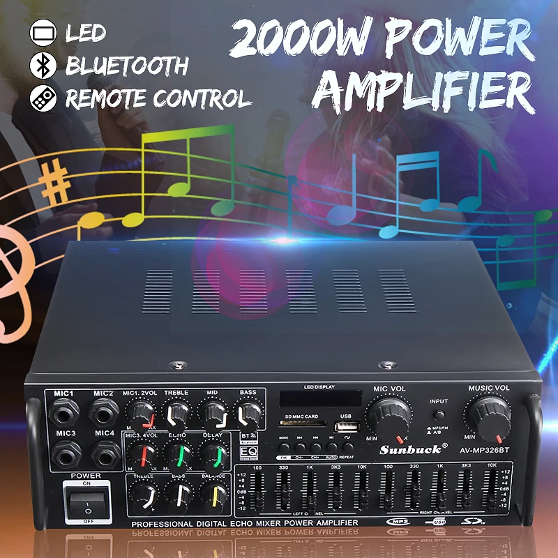 Bluetooth 2,0 канальный 2000 Вт аудио усилитель мощности HiFi 326BT 12 В/220 В AV усилитель динамик с пультом дистанционного управления для автомобиля дома