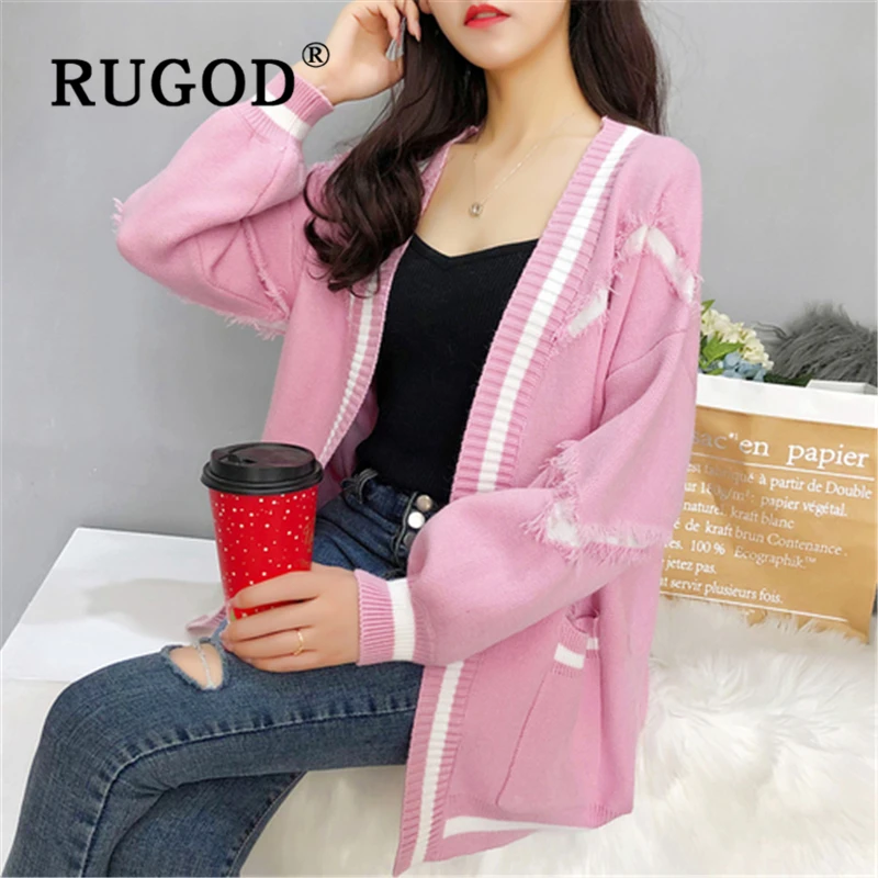 RUGOD Korean ins popupar women knitted cardigan sweater Elegant lantern sleeve open stitch streetwear Oversized tassel coat |