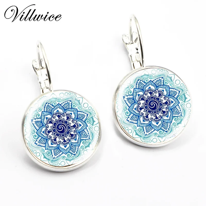 Голубой Мандала Лотос горячие серьги ювелирные изделия для женщин 16 мм Серьги