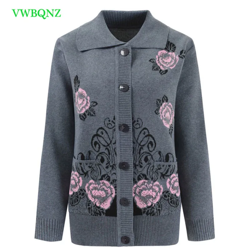 

Middle-aged Women Printing Knitted Sweaters Spring Autumn Loose Knit Cardigan Women's clothing Plus size Cardigan Sweater 4XL 71