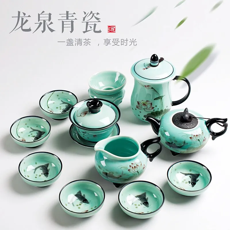 

2017 Longquan celadon ручная роспись чашка чайник Набор домашний керамический чайный набор кунг-фу Подарочная коробка набор