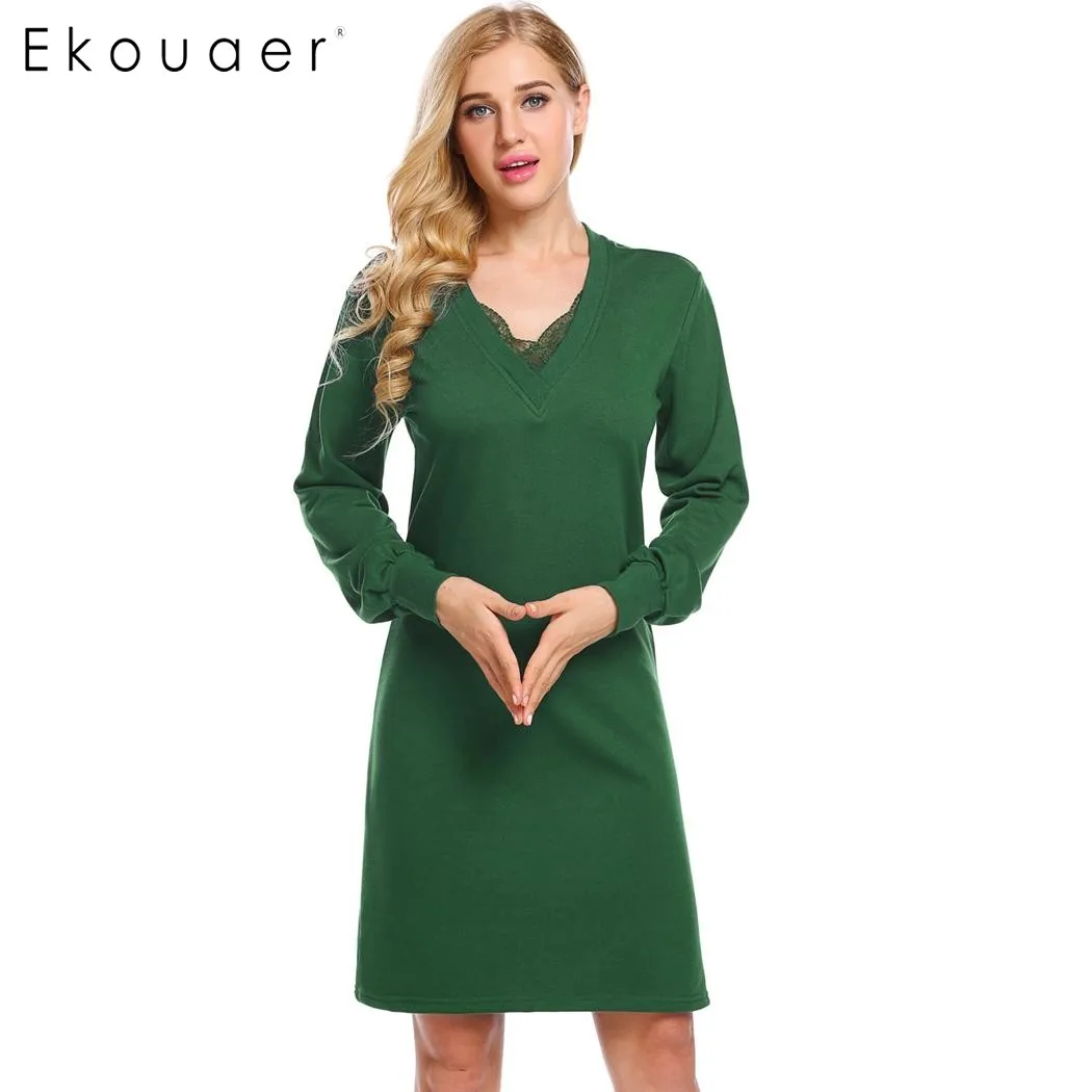 Женская ночная рубашка с длинным рукавом и V образным вырезом|long nighty dress|sleepwear women
