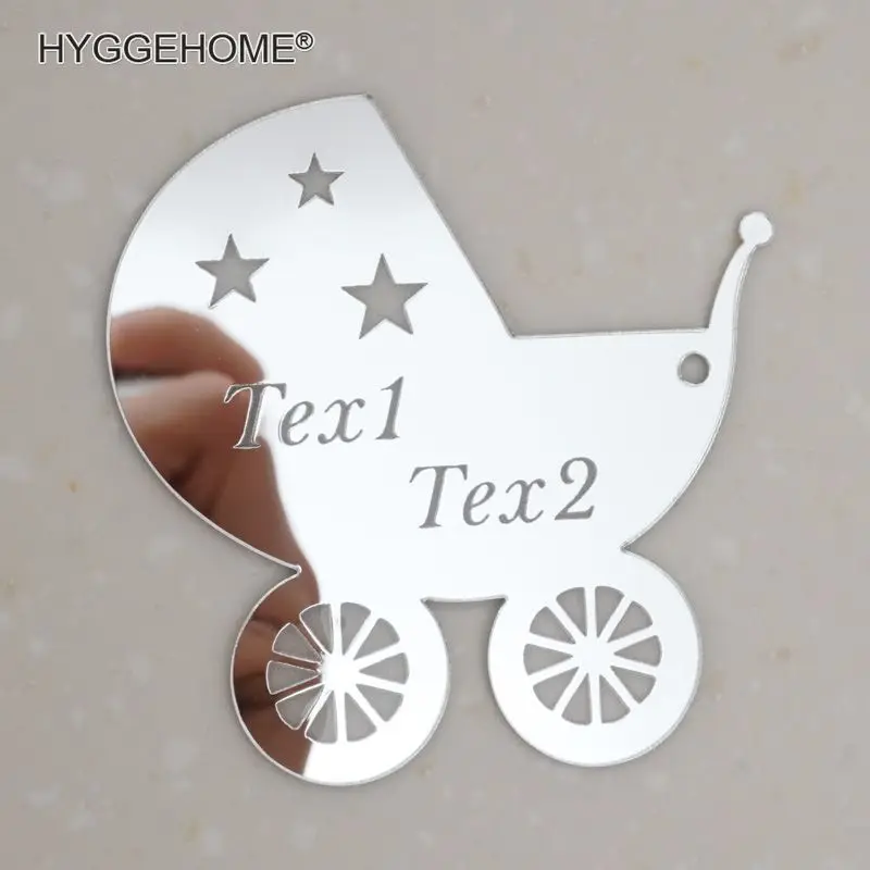 

20 Pieces 6x6cm Personalized Baby Carriage Babyshower Custom Name Date for Guest Gift Acrylic Mirror Tags Invitation Card