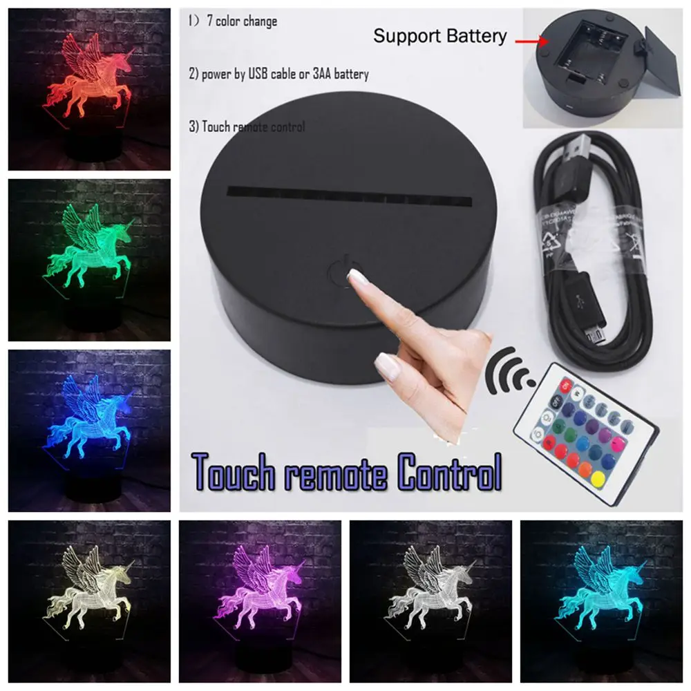 Controller 7 Color 3D Lava Flying Wings Единорог Лошадь светодиодный стол для детской спальни 7 цветов USB зарядка Романтический лунный Ночной светильник подарок на день рождения для детей - Испускаемый цвет: Controller 7 Color