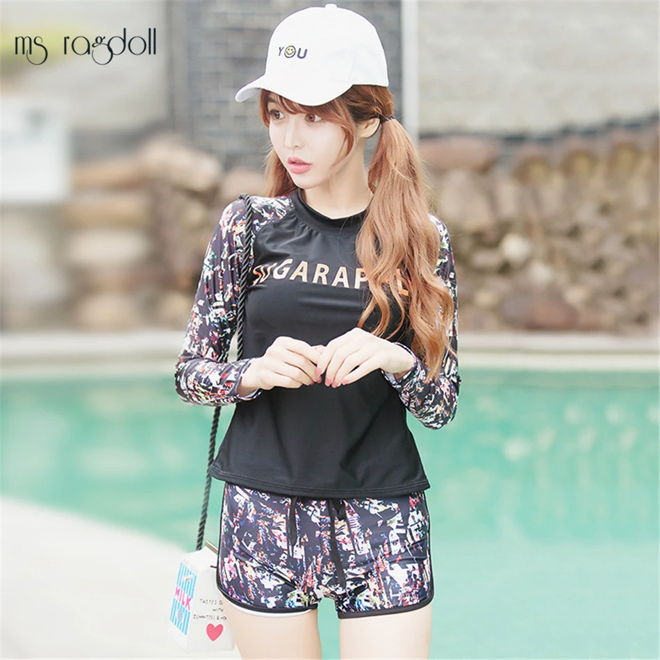 Два Купальник Rash Guard одежда с длинным рукавом Короткие штаны купальники плюс