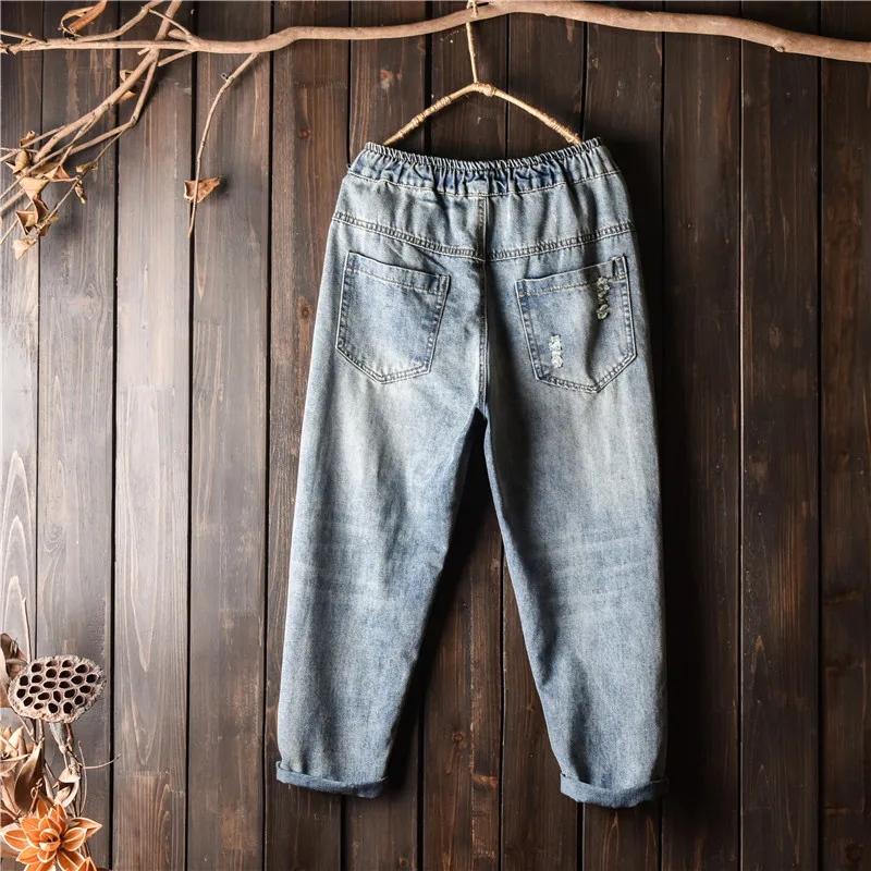 Рваные джинсы для женщин шаровары свободные длина по щиколотку вышивка карманы