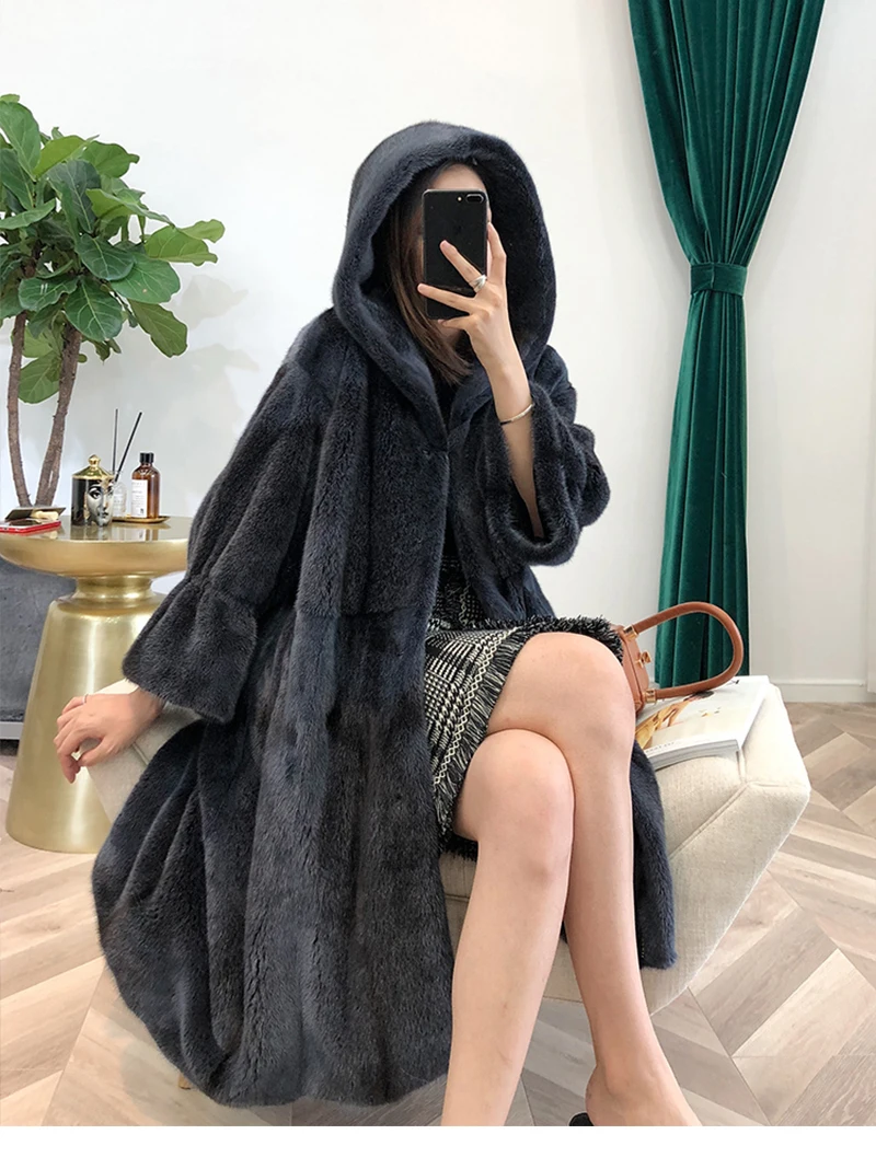 Fang Tai Fur2019 Женская импортная бархатная норковая шуба с меховым капюшоном с расклешенными рукавами, норковые шубы женские длинные шубы из натуральной норки