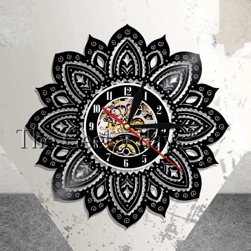 Мандала настенное искусство Виниловая пластинка настенные часы цветок лотоса