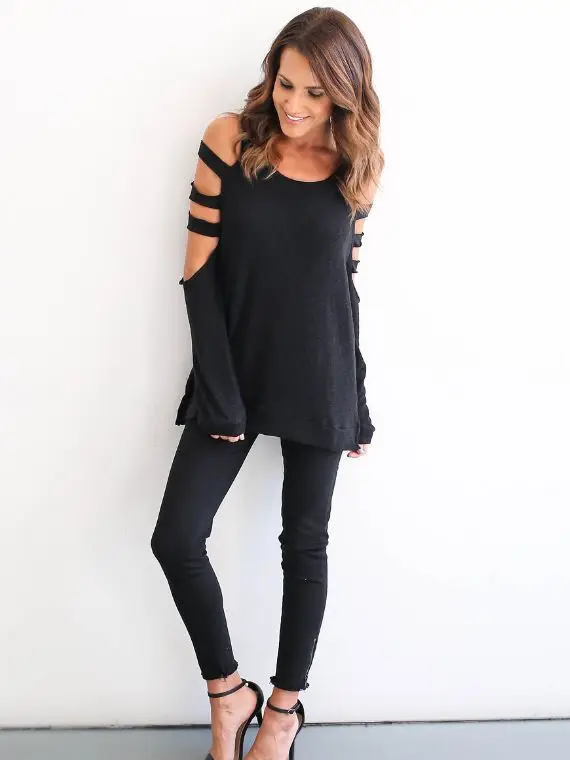 2017 Сексуальные Женщины С Длинным Рукавом Плеча Выдалбливают О Шеи футболка Тис