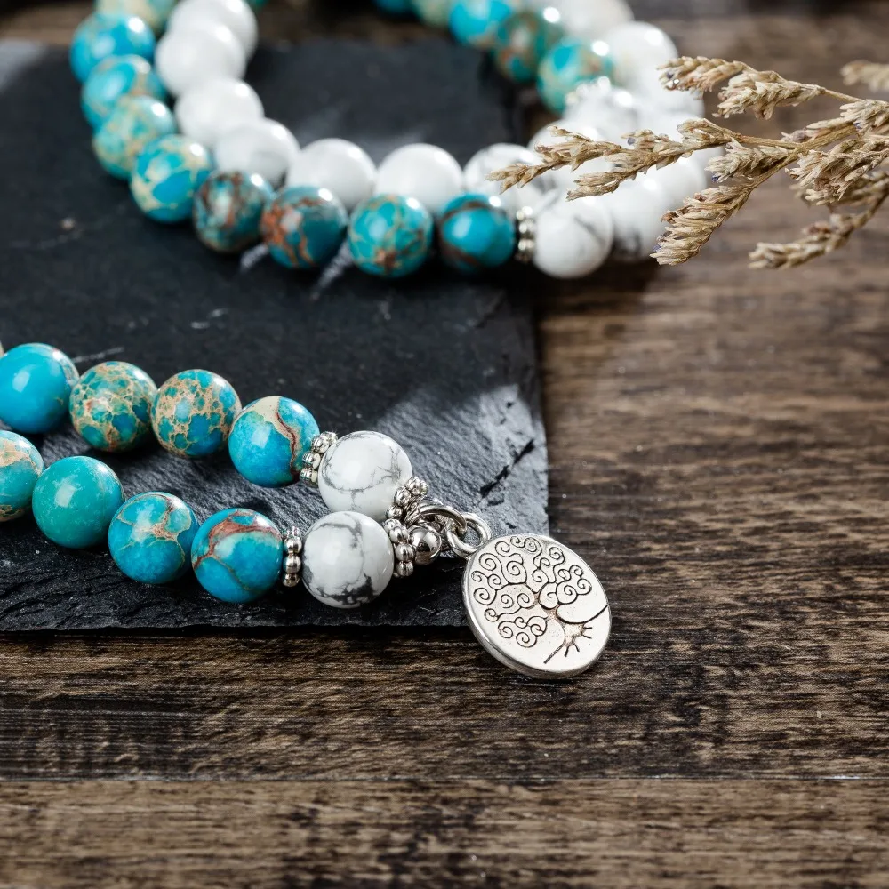 Howlite синие регалитовые камни буддийский религиозный Браслеты Многослойные Lotus Tree