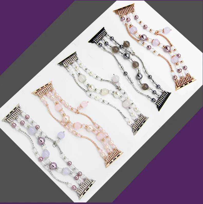 Crystal Pearl Bracelet for Apple watch Strap 4 Agate Beads Stretch Faux Stone Replacement Wristband Iwatch 3/2/1 44/42/40/38 | Наручные