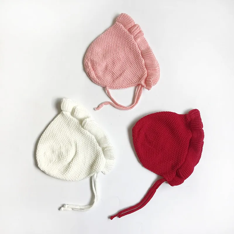 New Spring Newborn Baby Hat Handmade Wool Ear Knitting Hats Fashion Monolayer Lotus Leaf Yarn Warmer Caps Kids | Детская одежда и