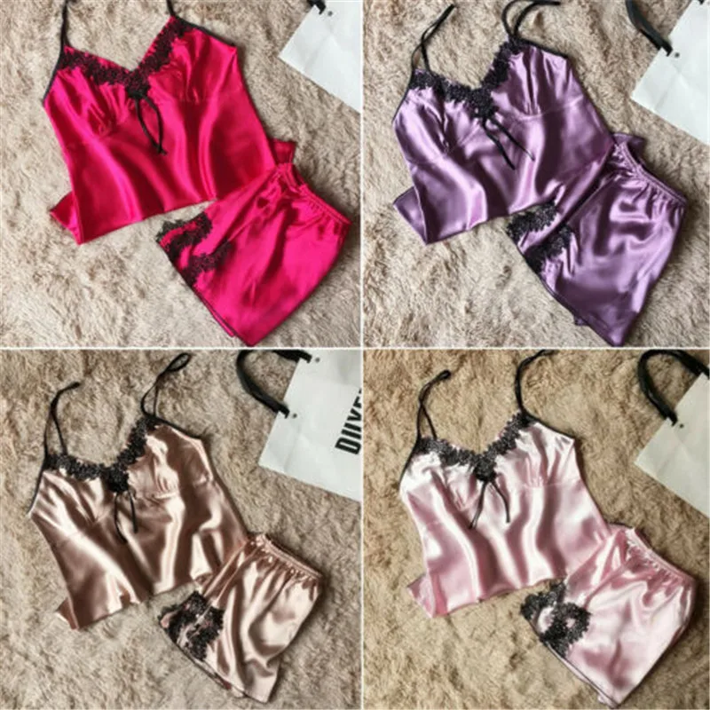 2 шт. женские пикантные шелковые нижнее белье Babydoll ночная рубашка Пижамный костюм
