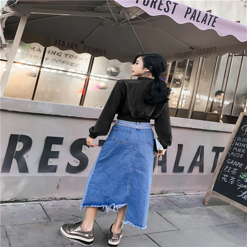 HziriP Women Denim Skirt 2018 Autumn Winter Ladies Casual Button Contrast Color Irregular High Waist Mini Clothing | Женская одежда