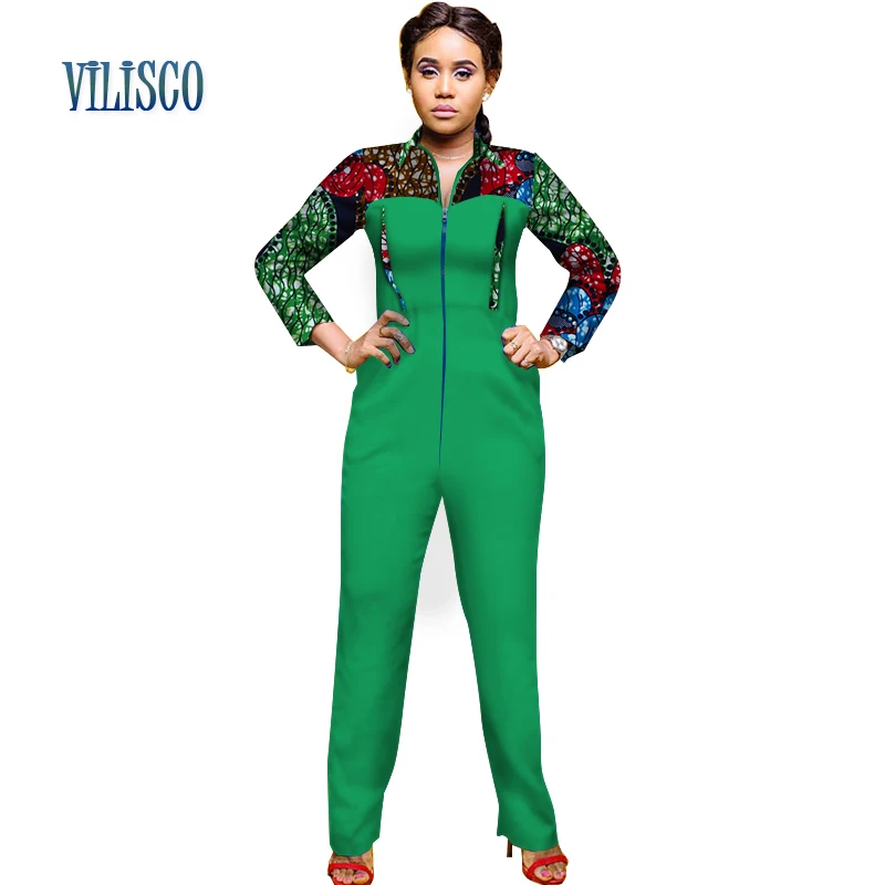 Casual African Print Jumpsuit for Women Patchwork Colorful Zipper Jumpsuit Bazin Riche Traditional African Clothing WY2984