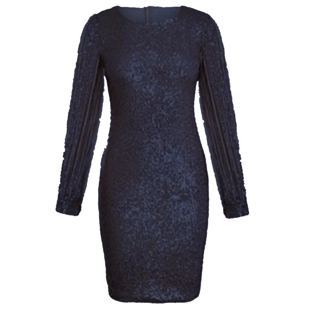 

Women's Shiny Solid Color Women's Sequins Long Sleeve V-neck Sexy Nightclub Dress Long Sleeved Mini Dress