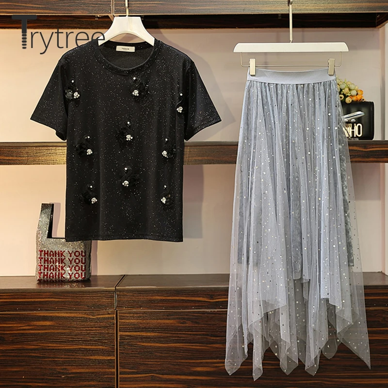 Trytree/летний женский костюм из двух предметов повседневный топ с круглым вырезом и