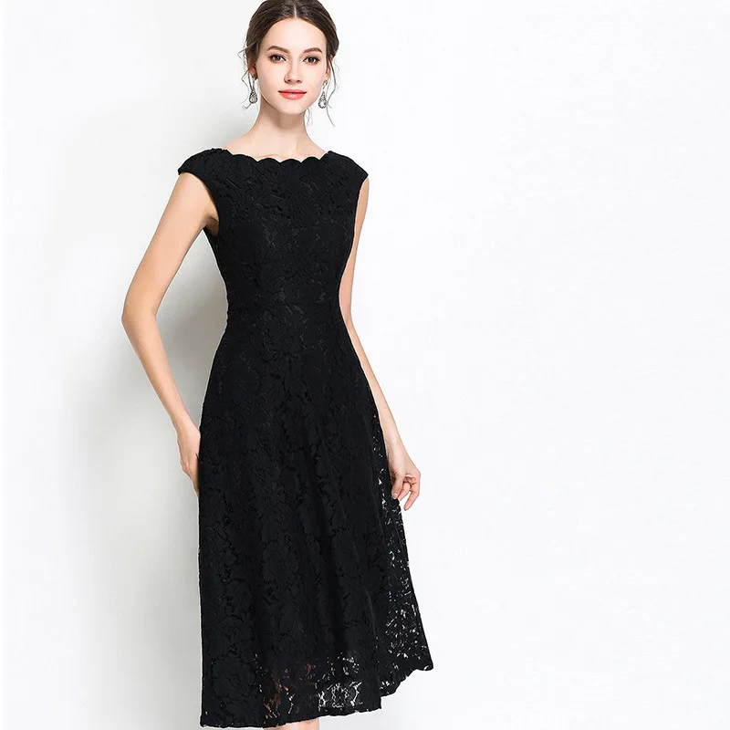 Летние платья 2019 новая волна воротником без рукавов кружевные средней длины