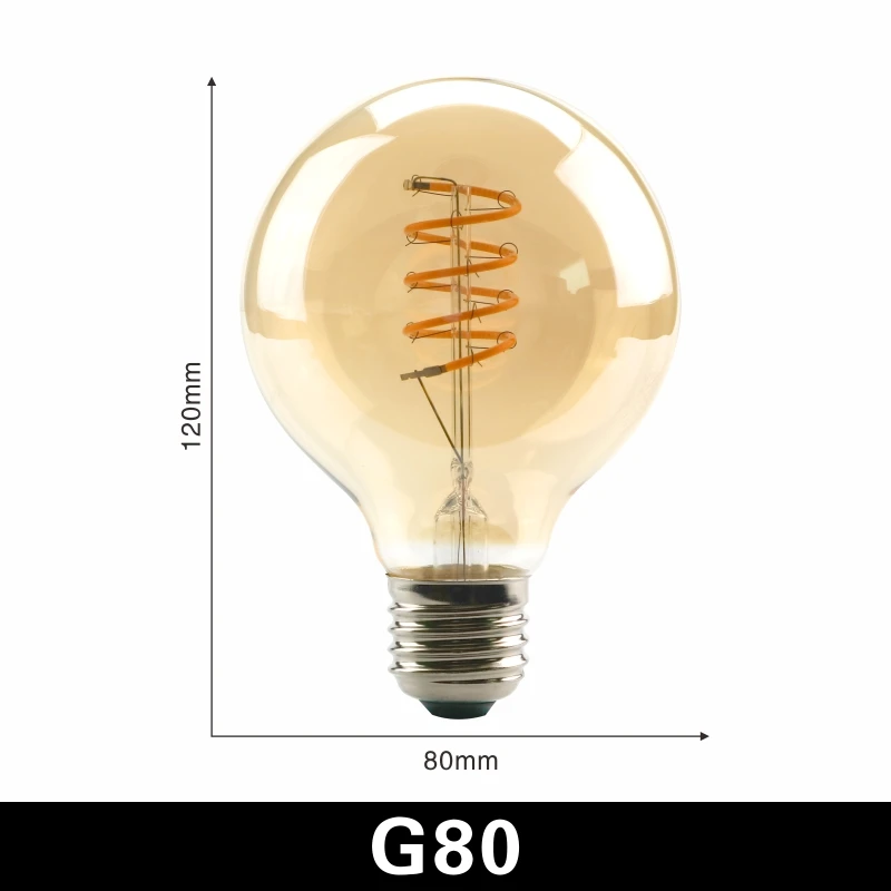 G80 Светодиодный светильник накаливания C35 T45 ST64 G80 G95 G125, спиральный светильник 4 Вт 2200 к, Ретро Винтажные лампы, декоративный светильник, лампа Эдисона с регулируемой яркостью - Испускаемый цвет: G80